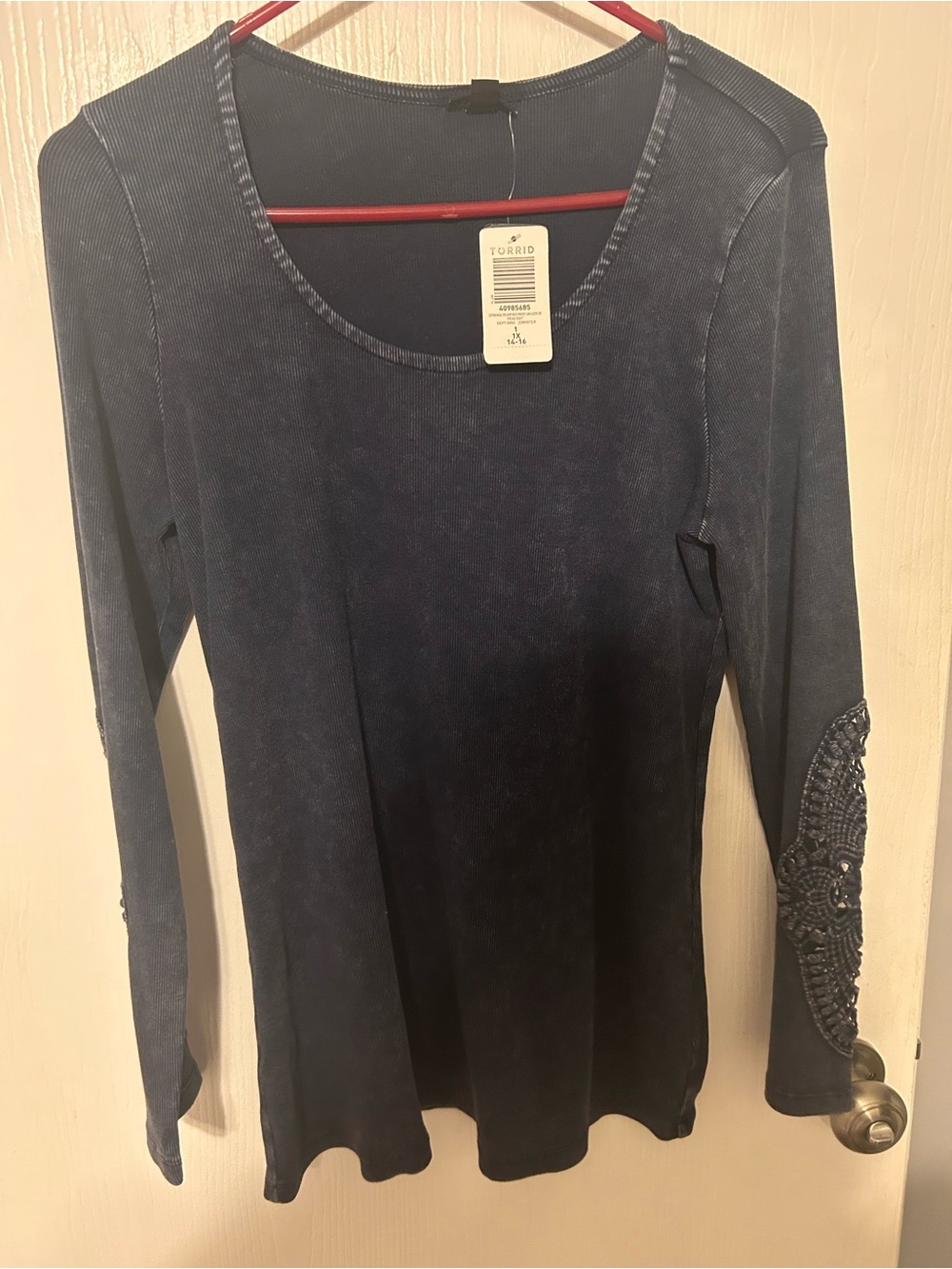 torrid navy long sleeve scoop neck top with beaded elbow applique